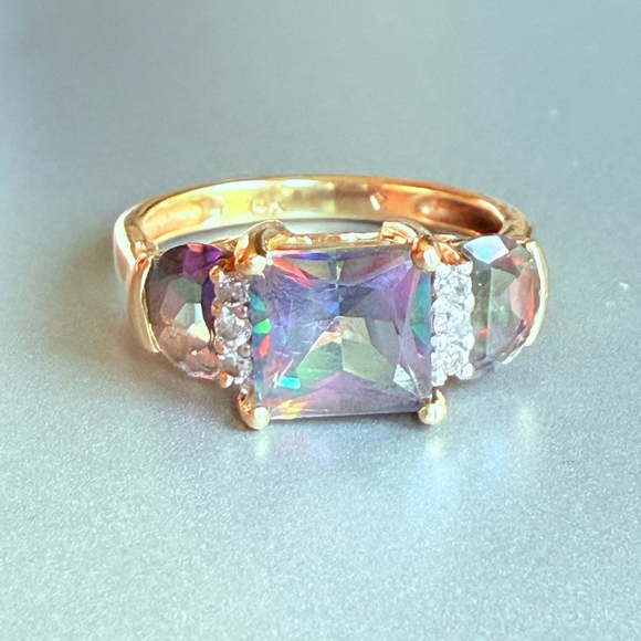 Estate 14K Solid Gold Diamond & Fire Mystic Topaz Trinity Ring